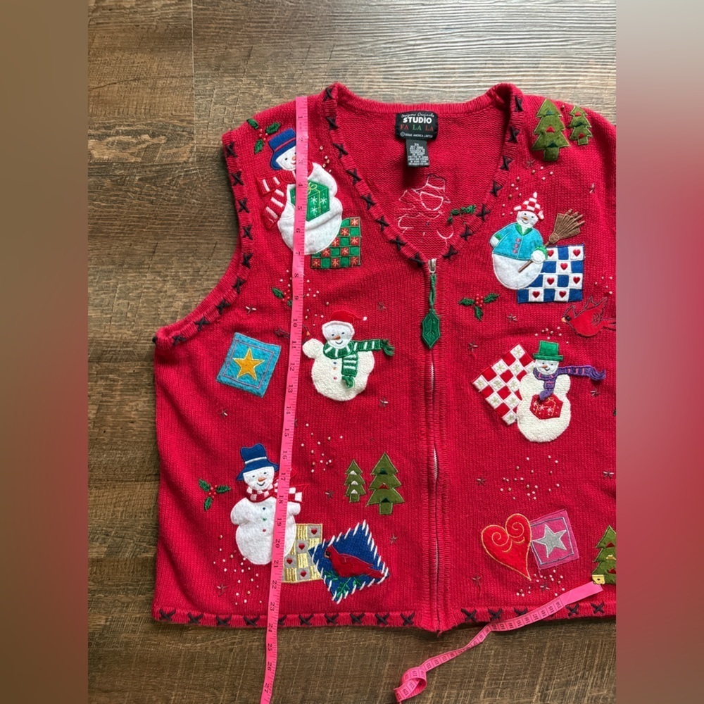 DESIGNERS ORIGINALS 90s red holiday sweater vest zip up cardigan snowmen sz 2X - Picture 7 of 10